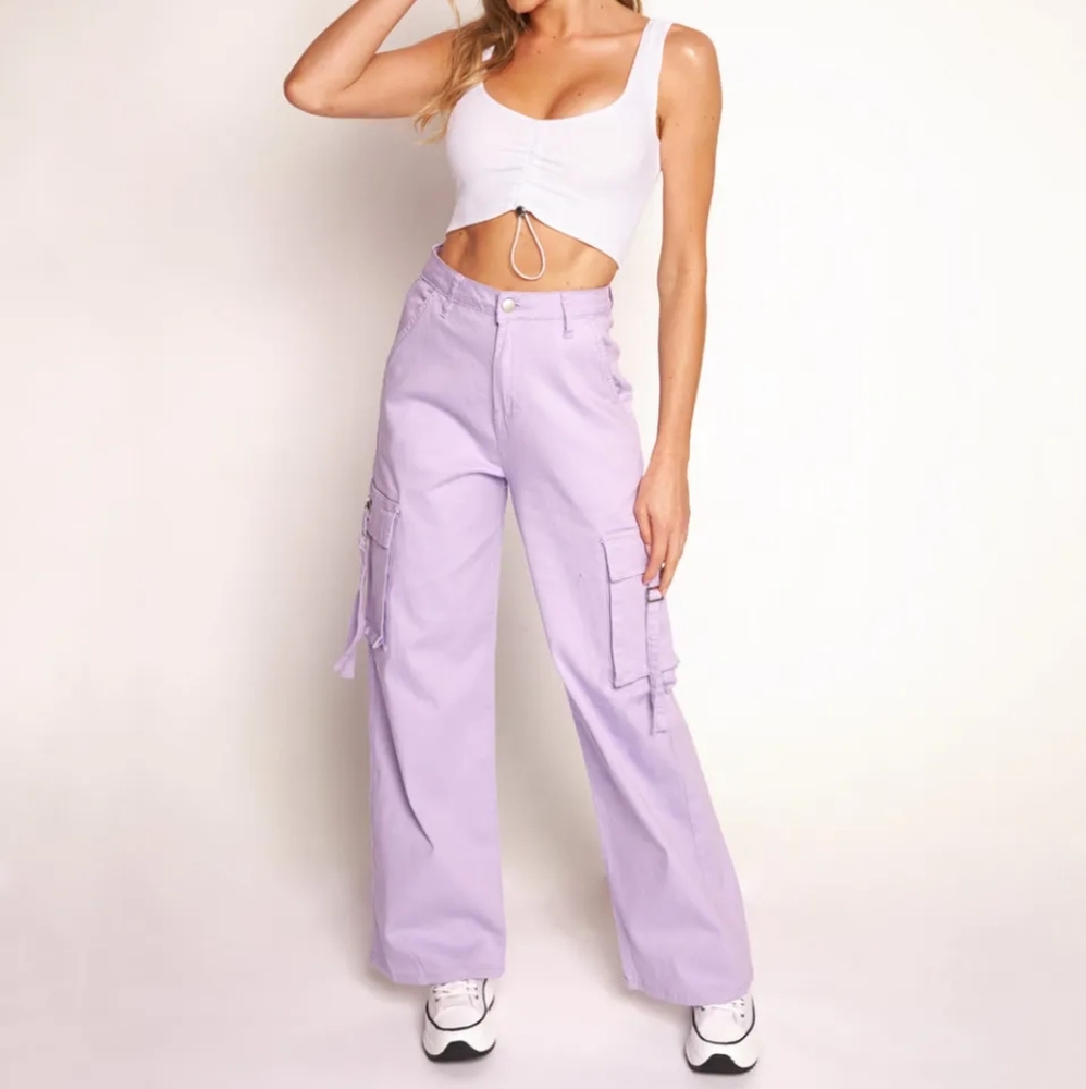 Purple Wide Leg Cargo Pants High Waisted Relaxed Fit